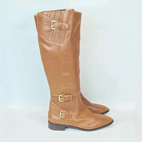 MICHAEL KORS Women Brown Leather Tatum Tall Riding Boots Gold Buckle Vicune 10M - Picture 1 of 13